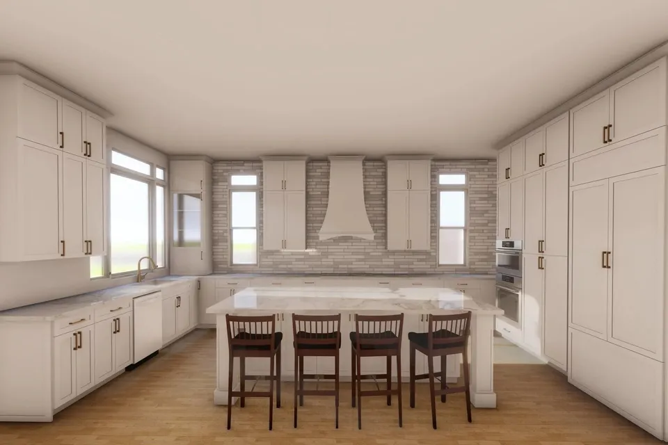 Design render of the kitchen with a large island and four stools