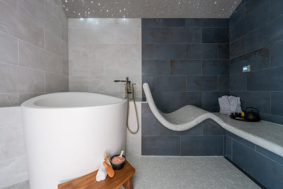 Bathroom with a freestanding soaking tub and a dark tiled wall